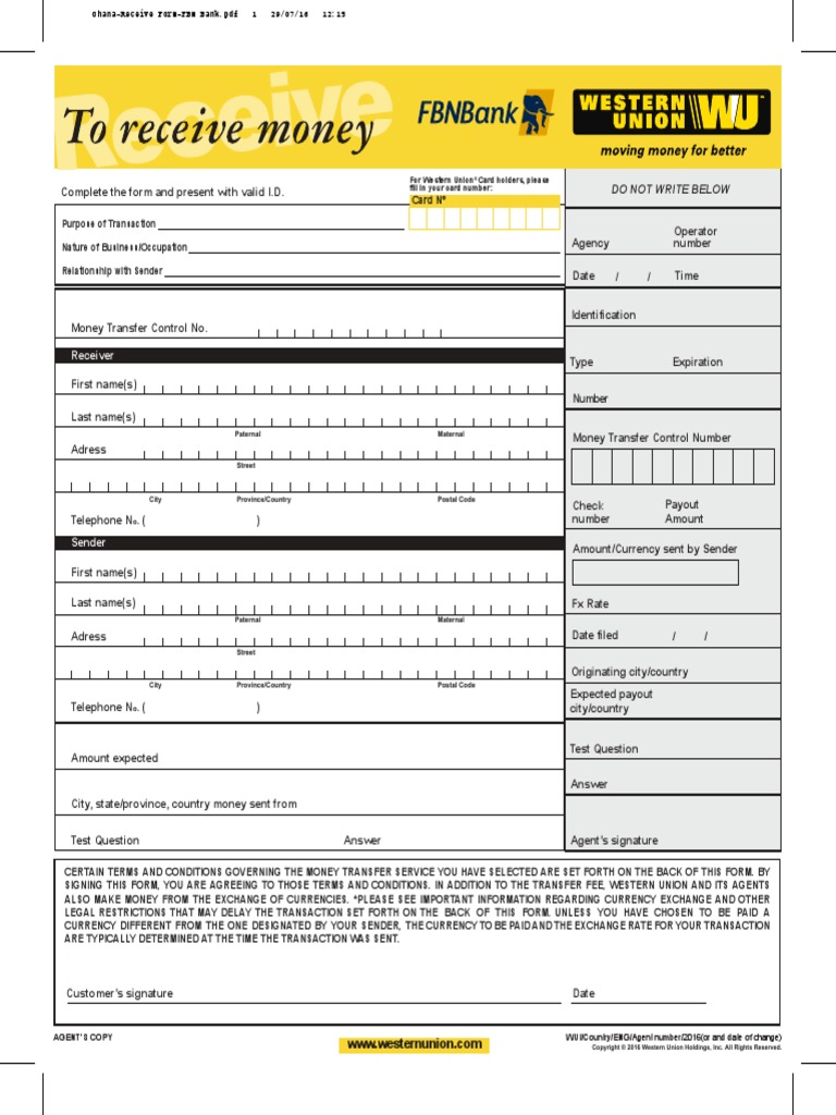Western Union Money Transfer Receipt PDF PDF Wire Transfer Financial Transaction