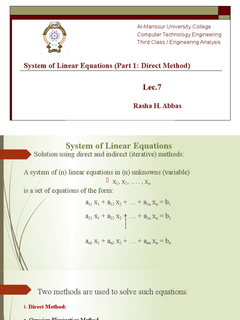 System of Linear Equations (Part 1: Direct Method) : Rasha H. Abbas ...