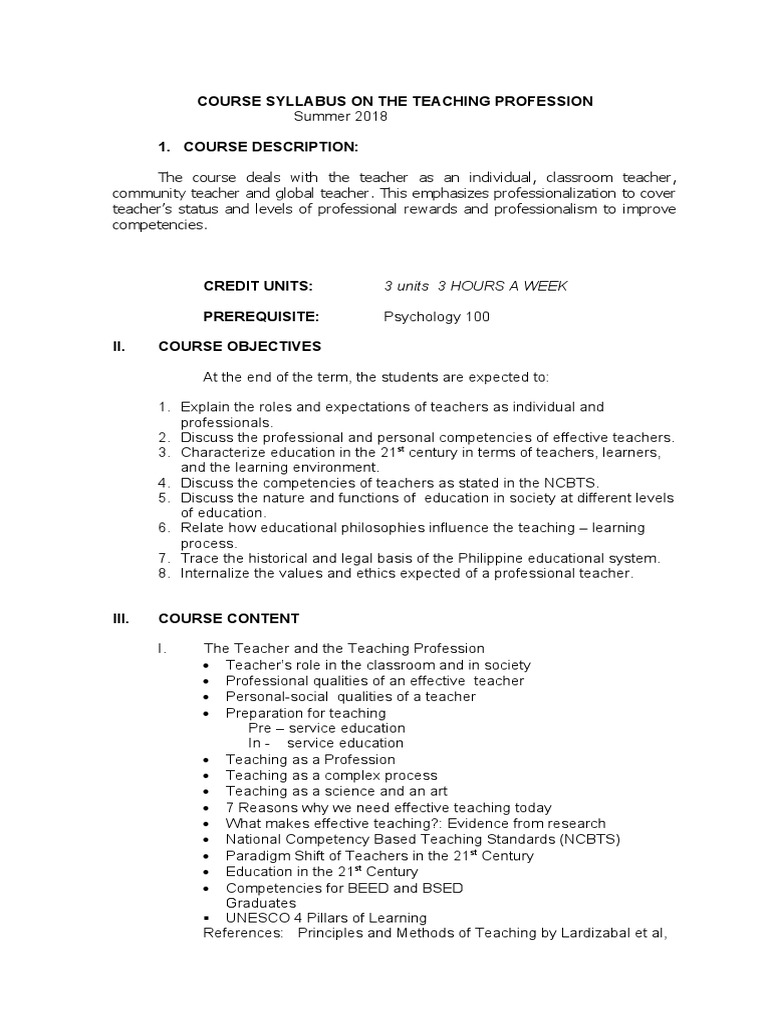 Course Syllabus On The Teaching Profession 3 Units 3 Hours A Week