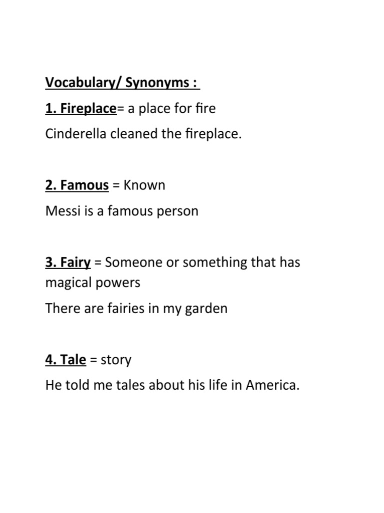 Vocabulary/ Synonyms 1. Fireplace A Place For Fire Cinderella Cleaned
