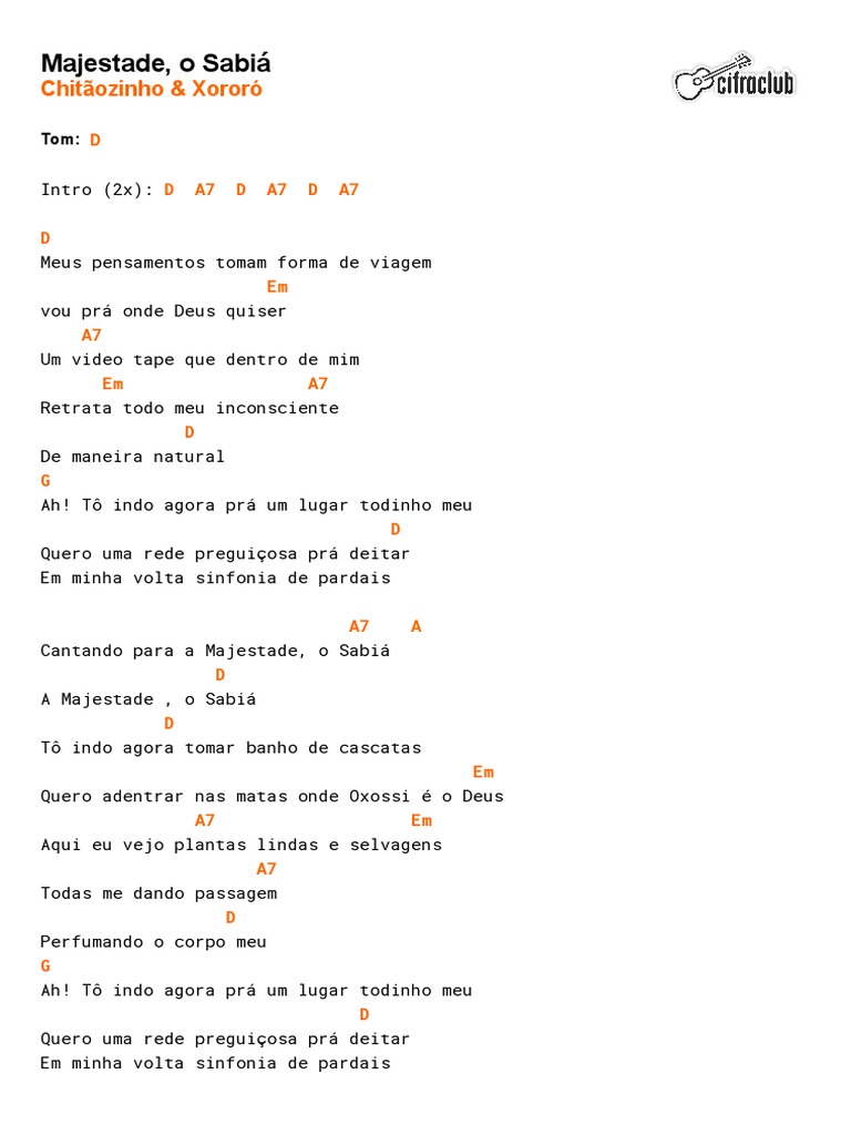 Cifra Club - Chitãozinho & Xororó - Majestade, o Sabiá | PDF