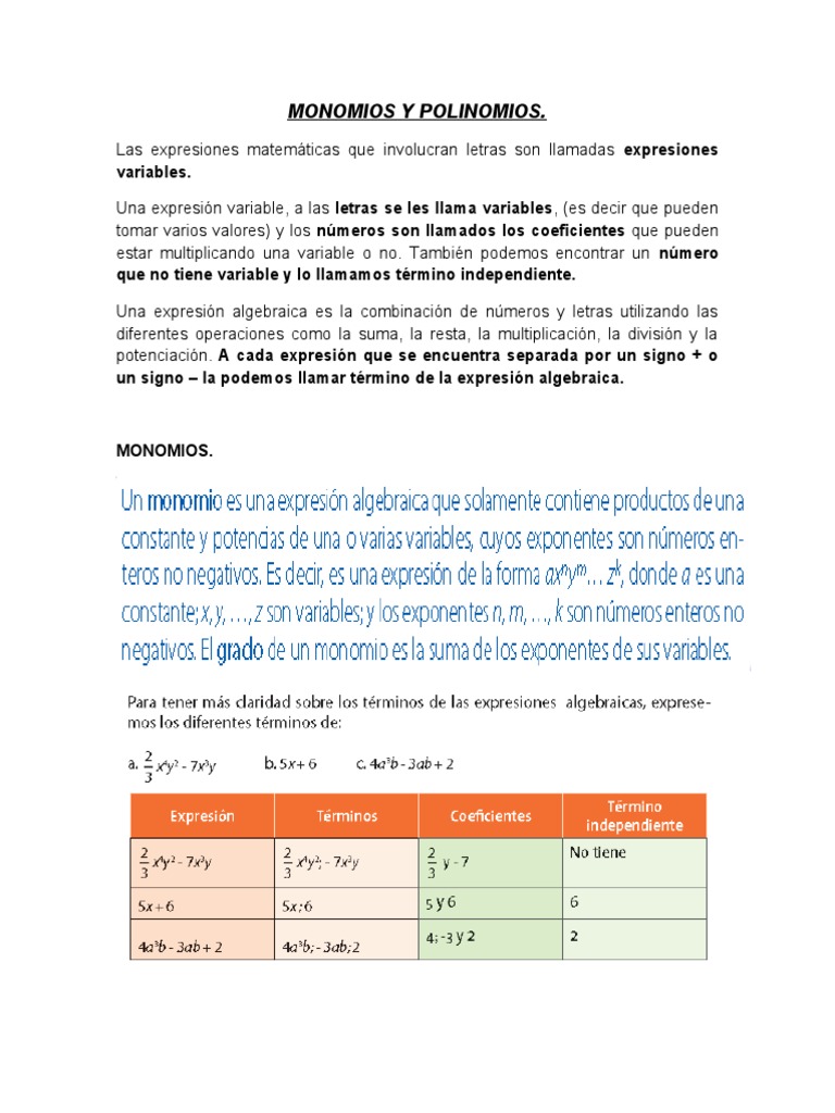 Monomios y Polinomios | PDF | Números | Matemática Elemental