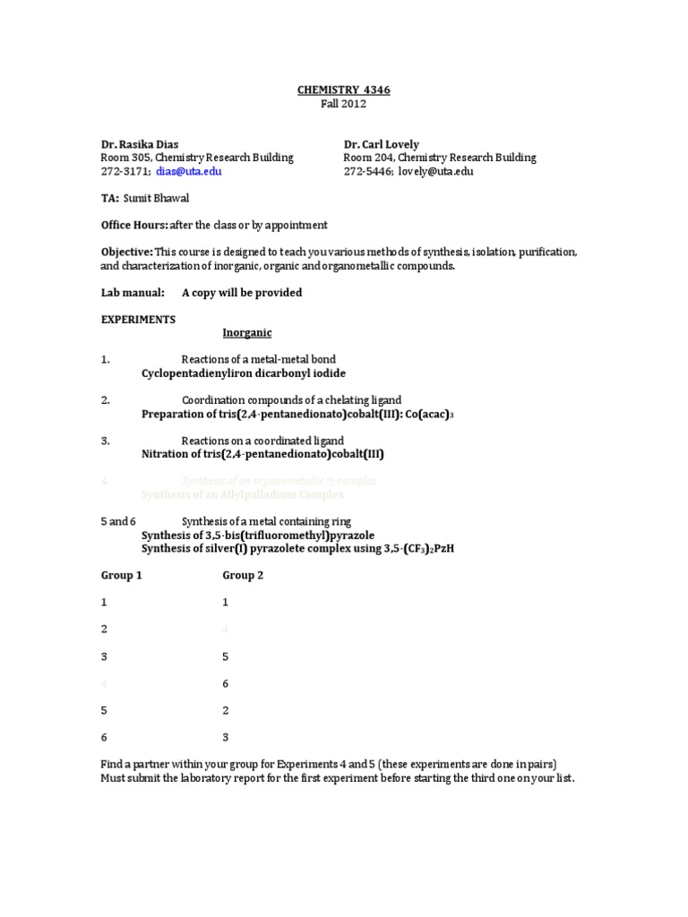 Chemistry 4346 Syllabus PDF Chemistry Academic Dishonesty