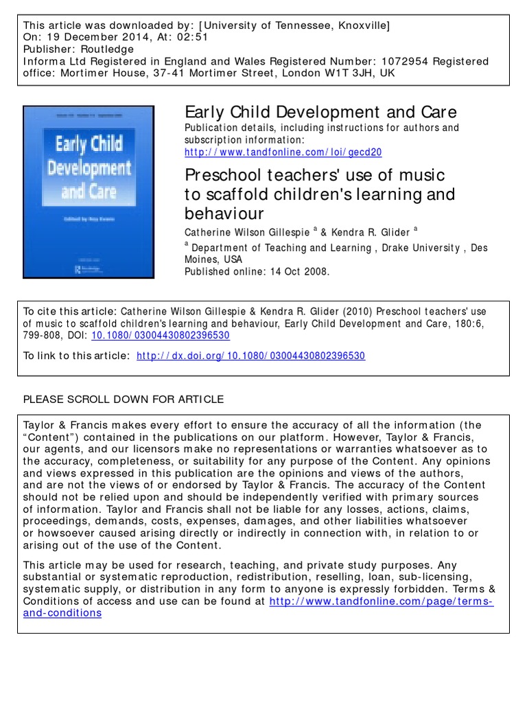 Preschool Teachers Use of Music To Scaffold Children's Learning and ...