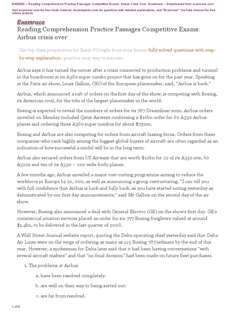 Reading comprehension practice passages competitive exams airbus