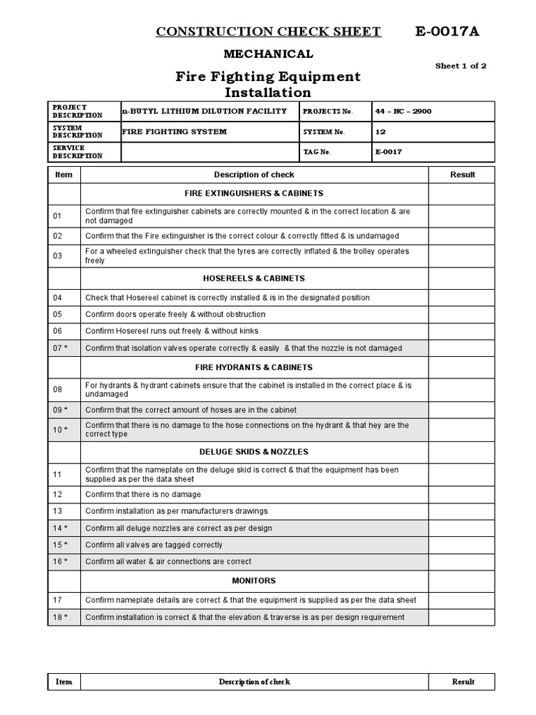 Construction Check Sheet Fire Fighting Equipment Installation E-0017A ...
