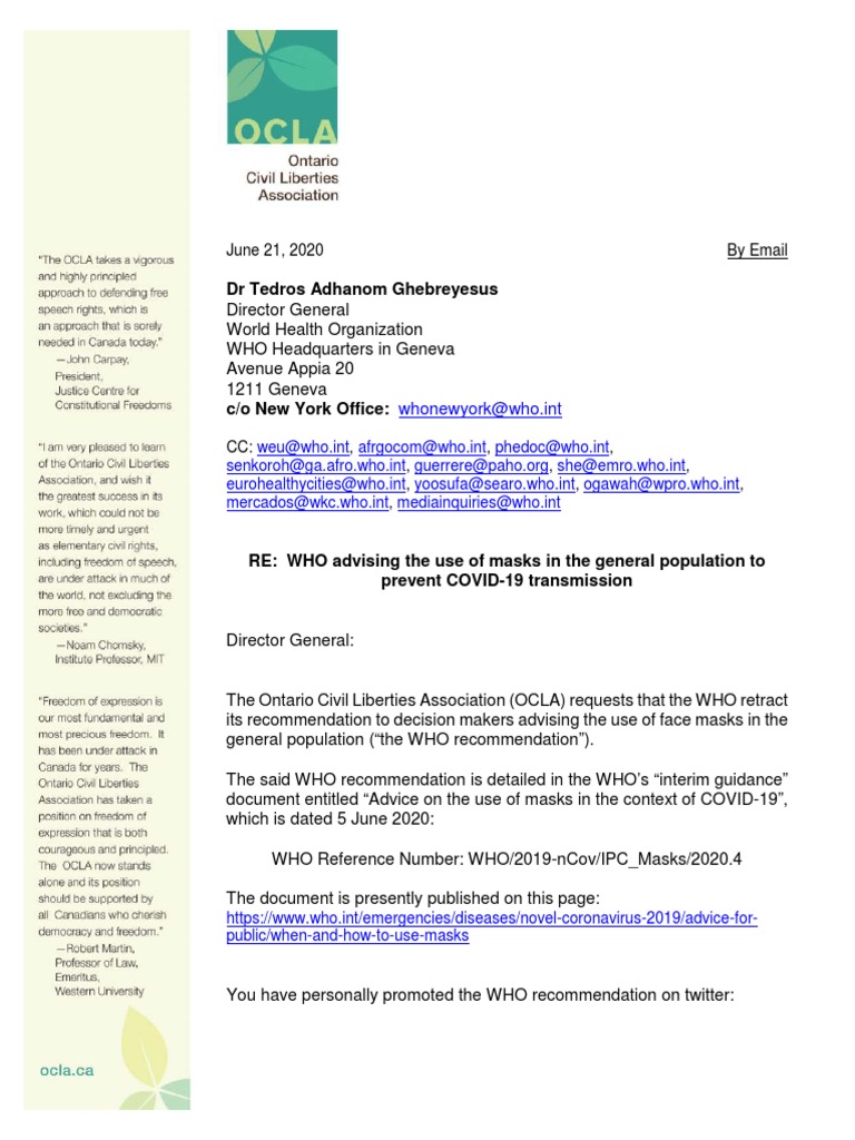 Letter From OCLA To WHO Director General Re: Face Masks Recommendation ...
