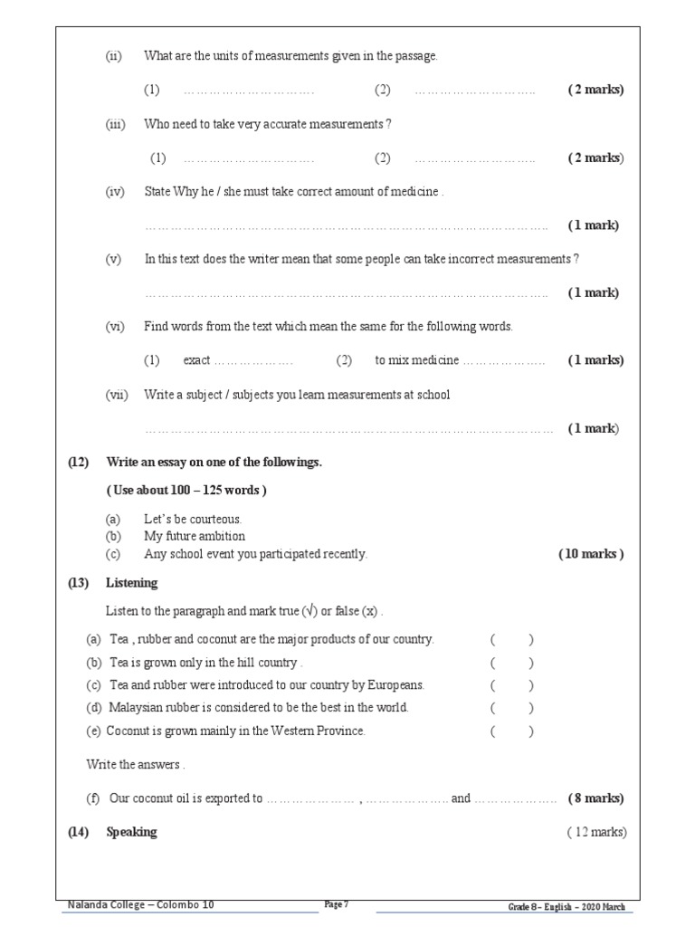 Grade 8 English Exam Questions 2020 | PDF
