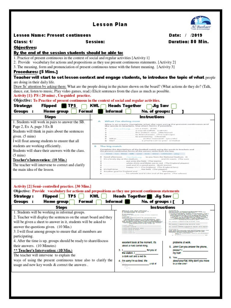 Present Continous Unit 1 Lesson Plan | PDF | Lesson Plan | Pedagogy