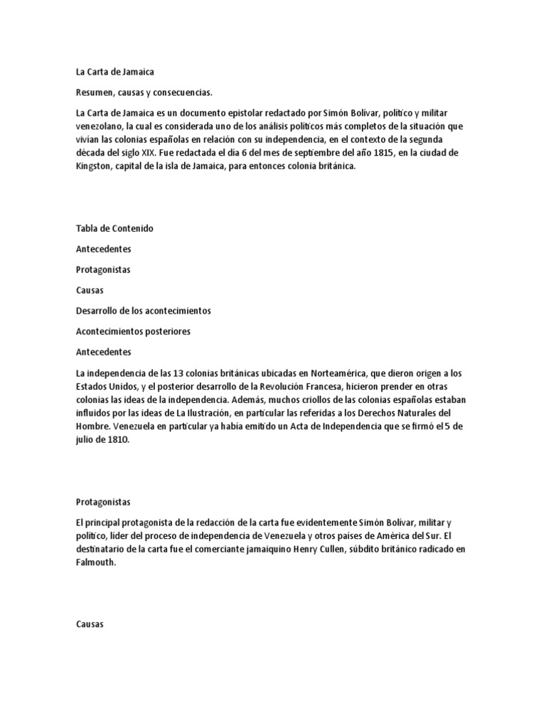 La Carta de Jamaica PDF Imperio español Américas