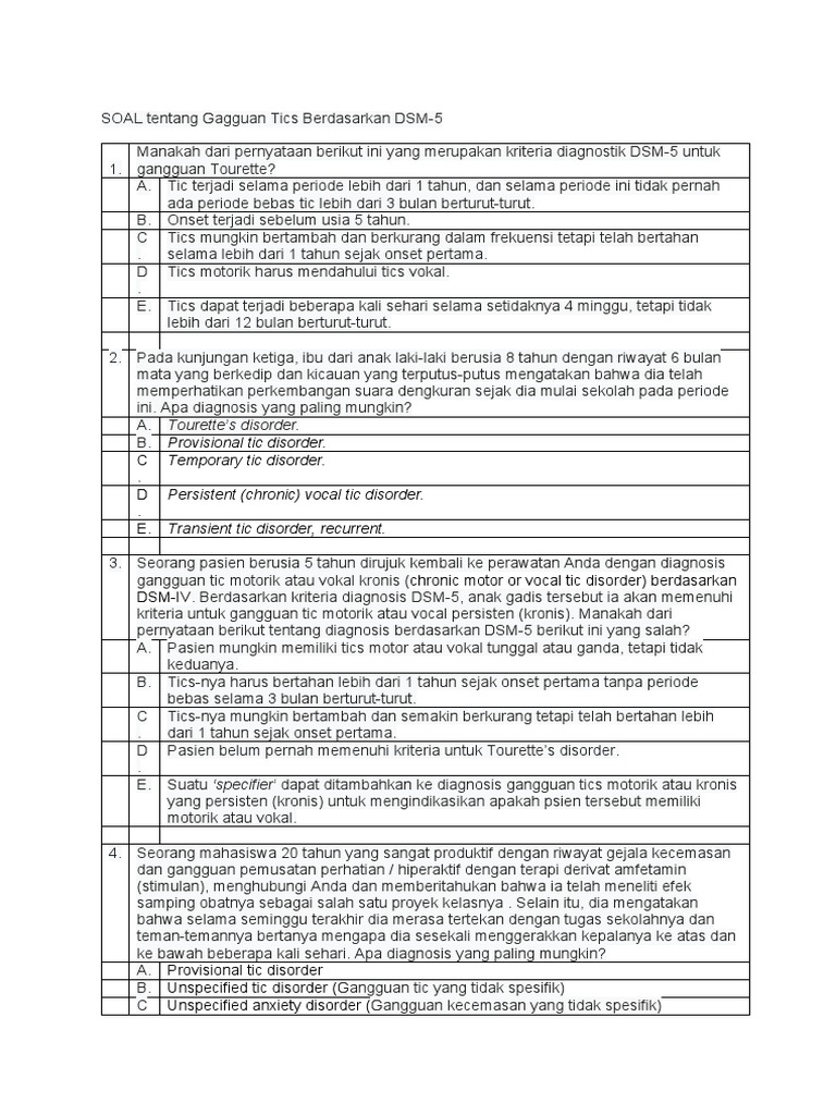 HH Soal Tentang Tics Disorder Berdasarkan DSM-5 | PDF