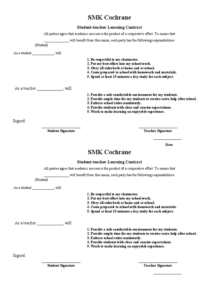 Student-Teacher Learning Contract | PDF | Behavior Modification | Teaching