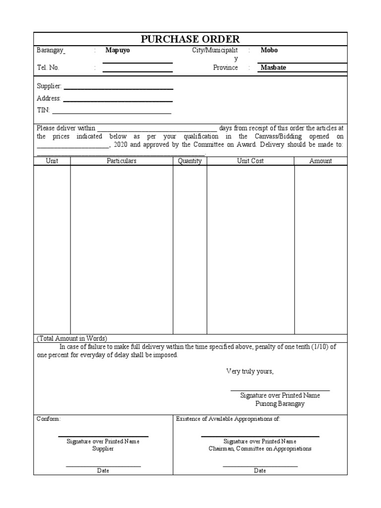Purchase Order: Mapuyo Mobo Masbate | PDF | Business