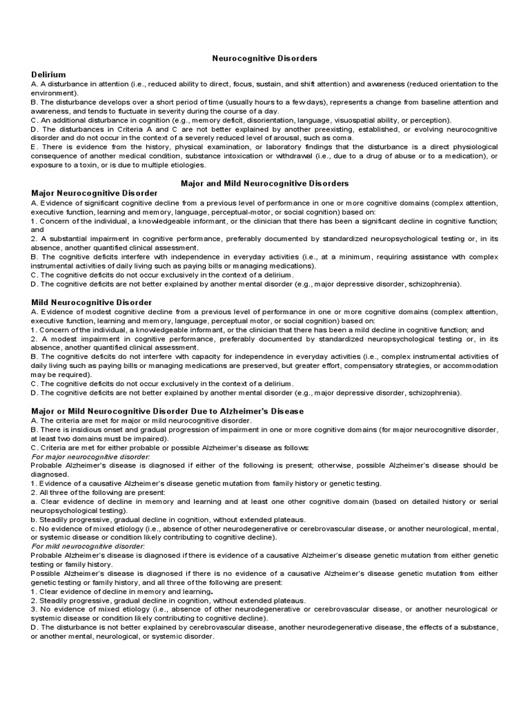 Neurocognitive Disorders Delirium For Major Neurocognitive Disorder