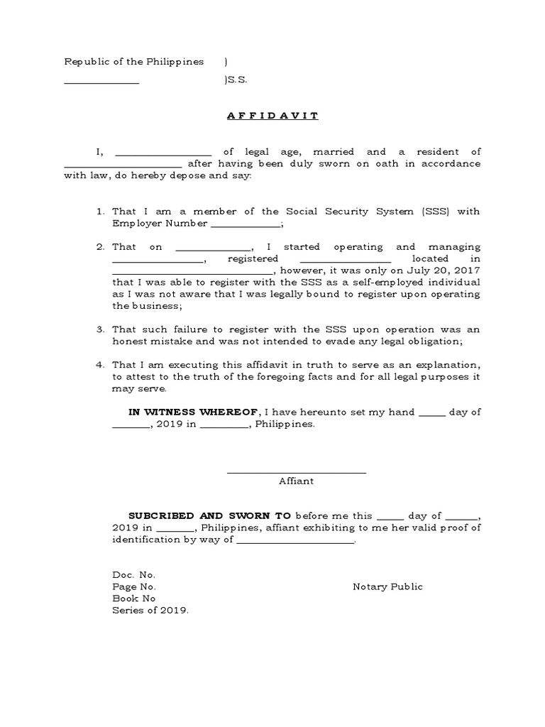 SSS Late Registration Affidavit Template | PDF