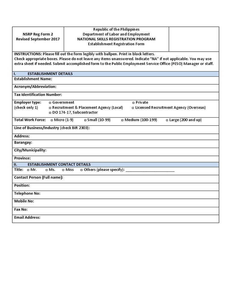 NSRP Form 2: Establishment Registration | PDF | Labour | Business