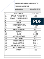 Senarai Makanan Dan Harga Kantin