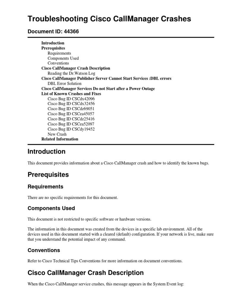 Troubleshooting Cisco Callmanager Crashes: Document Id: 44366 | PDF ...