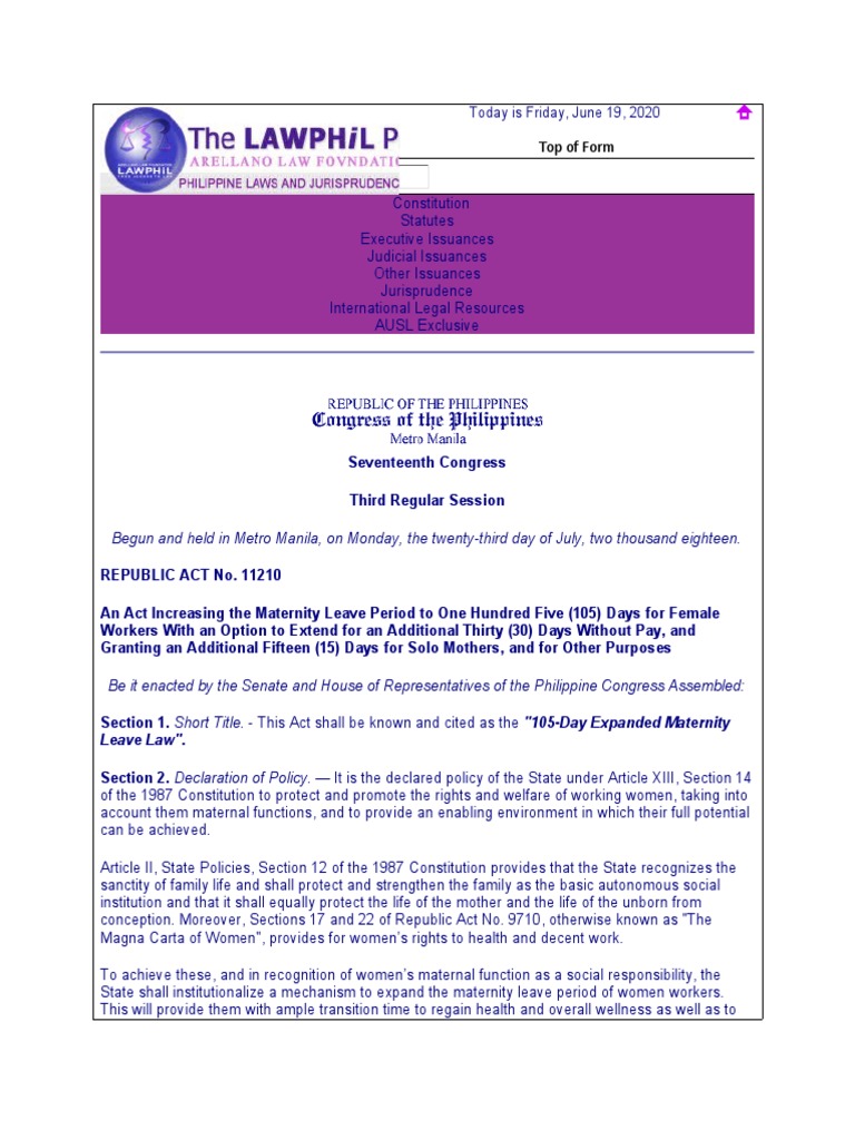 105 Day Expanded Maternity Leave Law R.A. No. 11210 | PDF | Parental ...