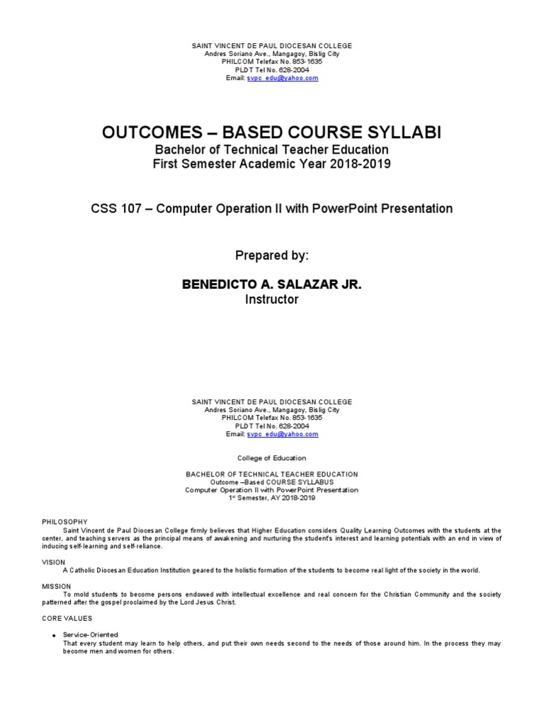 Computer Operation II Syllabus 2018-2019 | PDF | Teachers | Microsoft ...