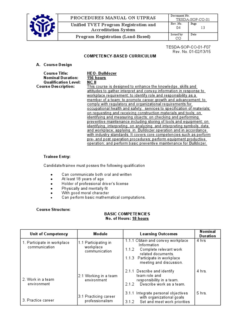 Tesda sop co 01 f07 competency based curriculum bulldozer pdf