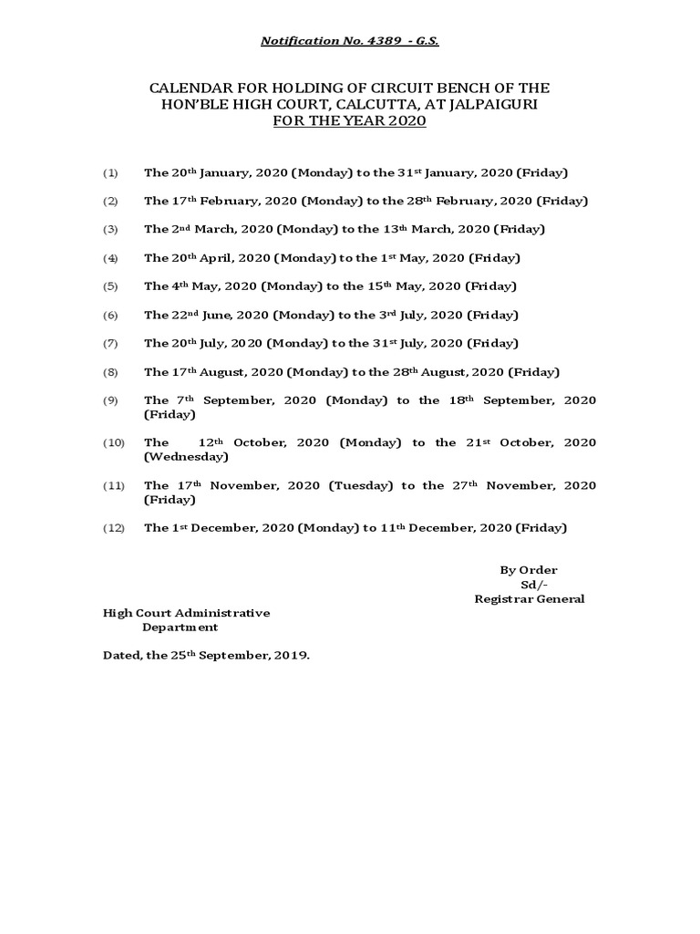 Calendar For Holding of Circuit Bench of The Hon'Ble High Court
