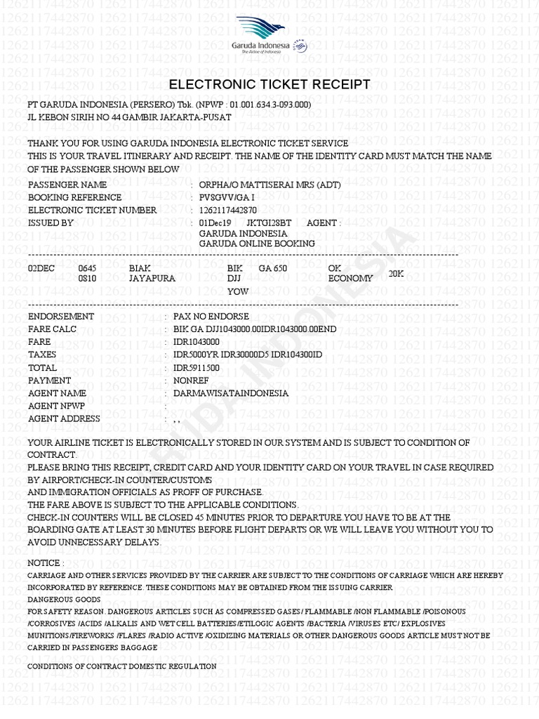 Garuda Indonesia Electronic Ticket Receipt PDF Dangerous Goods