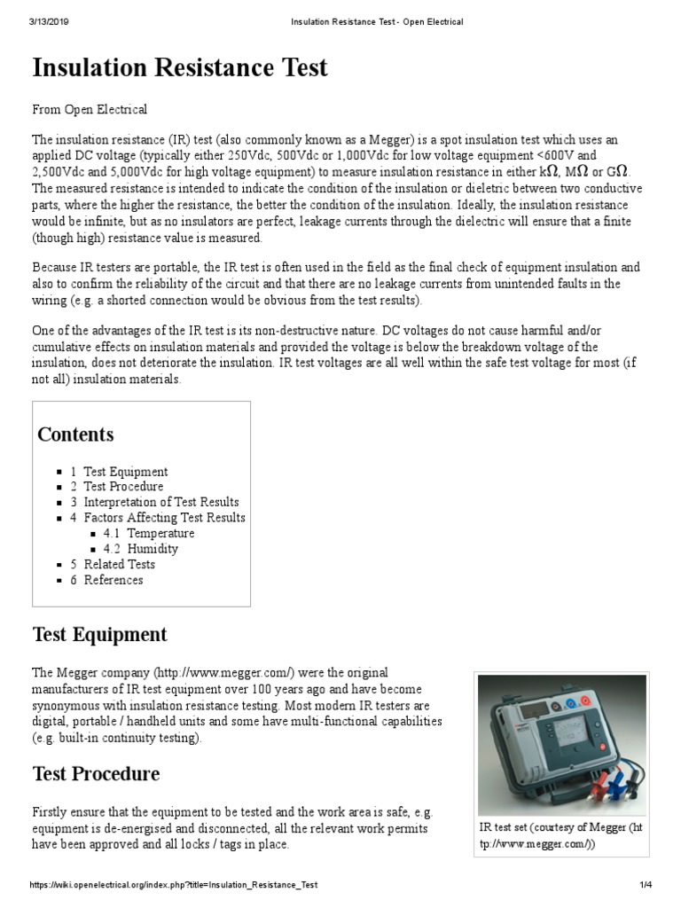 Insulation Resistance Testing Guide | PDF | Insulator (Electricity ...