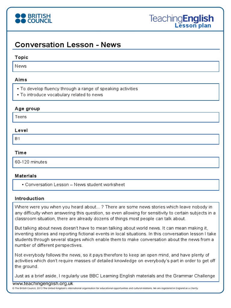 ESL News Conversation Lesson Plan | PDF | News | Conversation