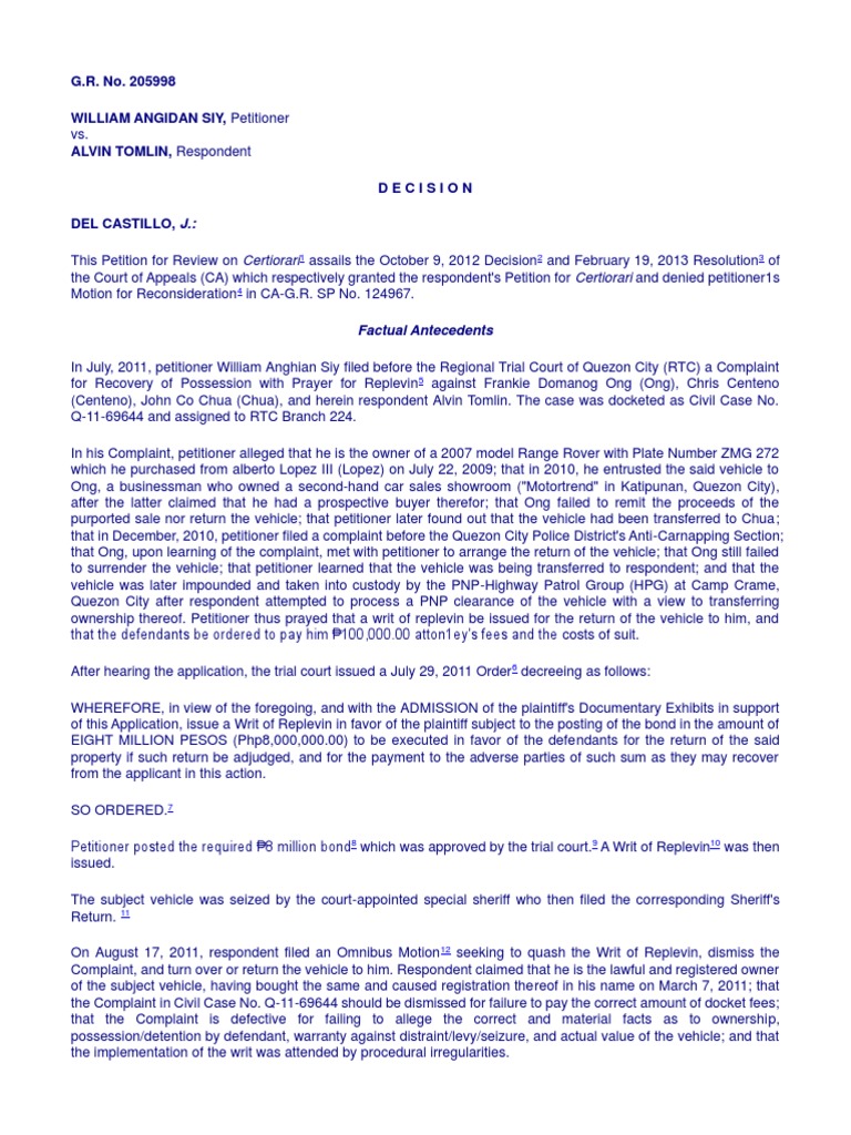 Replevin Case Review: Siy vs. Tomlin | PDF | Lawsuit | Bail