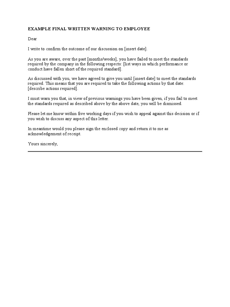 Final Written Warning Example Template | PDF | Finance & Money Management