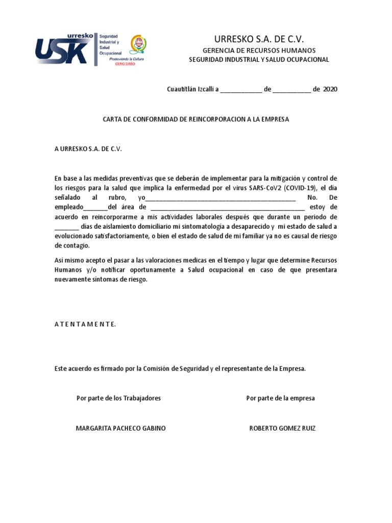 Carta de Reincorporación Laboral | PDF | Negocios | Finanzas y dinero