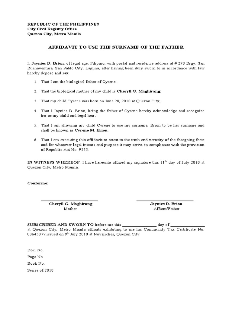 Affidavit To Use The Surname Of The Father Form – BMTH