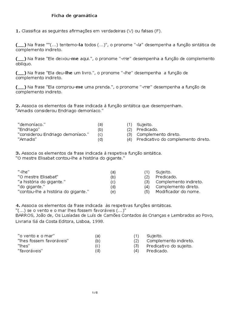 Ficha Apoio Funcoes Sintaticas, PDF, Assunto (gramática)