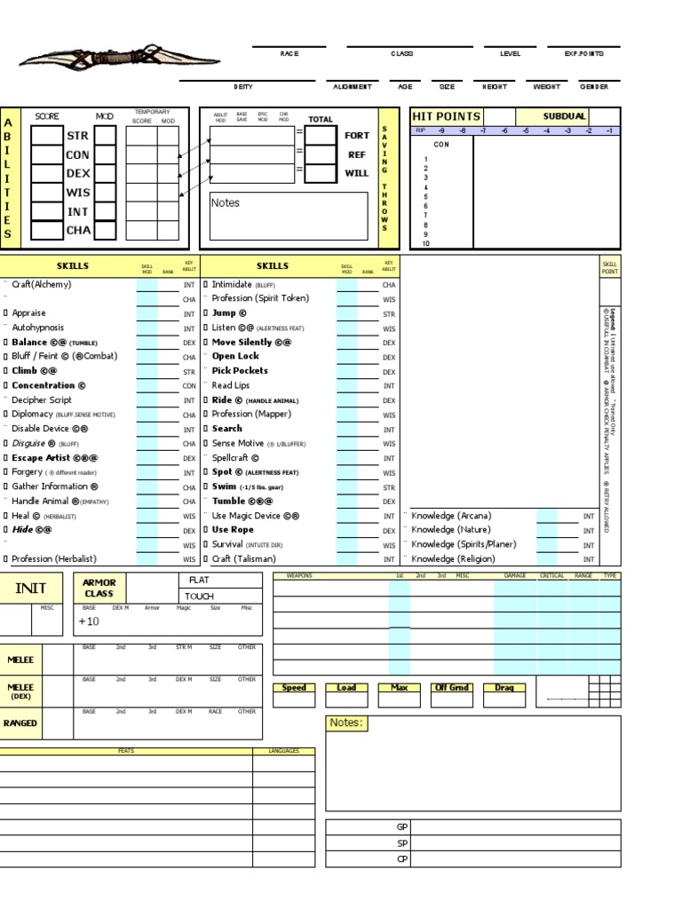 Notes: Hit Points STR CON DEX WIS INT CHA A B I L I T I E S | PDF ...