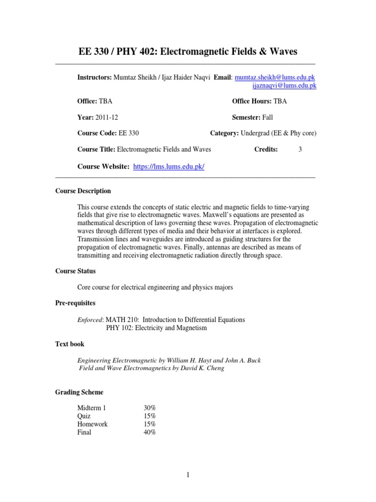 EE 330: Electromagnetic Waves Overview | PDF | Electromagnetic Field ...