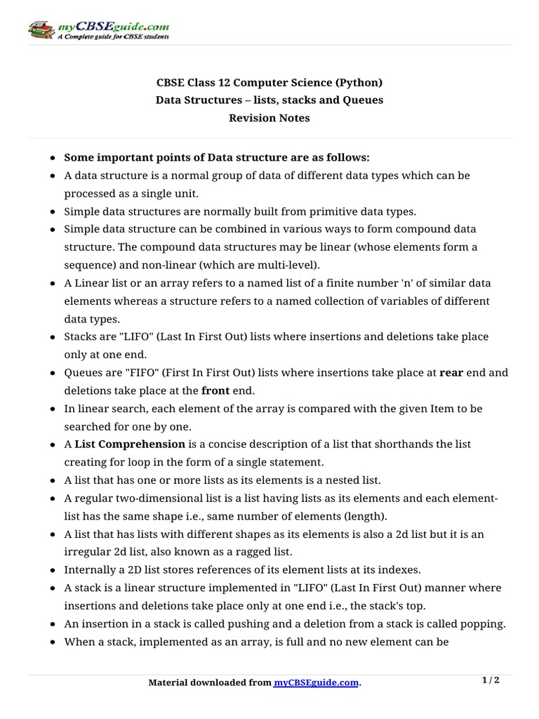 CBSE Class 12 Computer Science (Python) Data Structures - Lists, Stacks ...