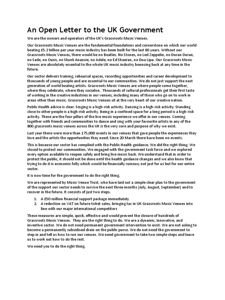 Open Letter To The UK Government Leisure