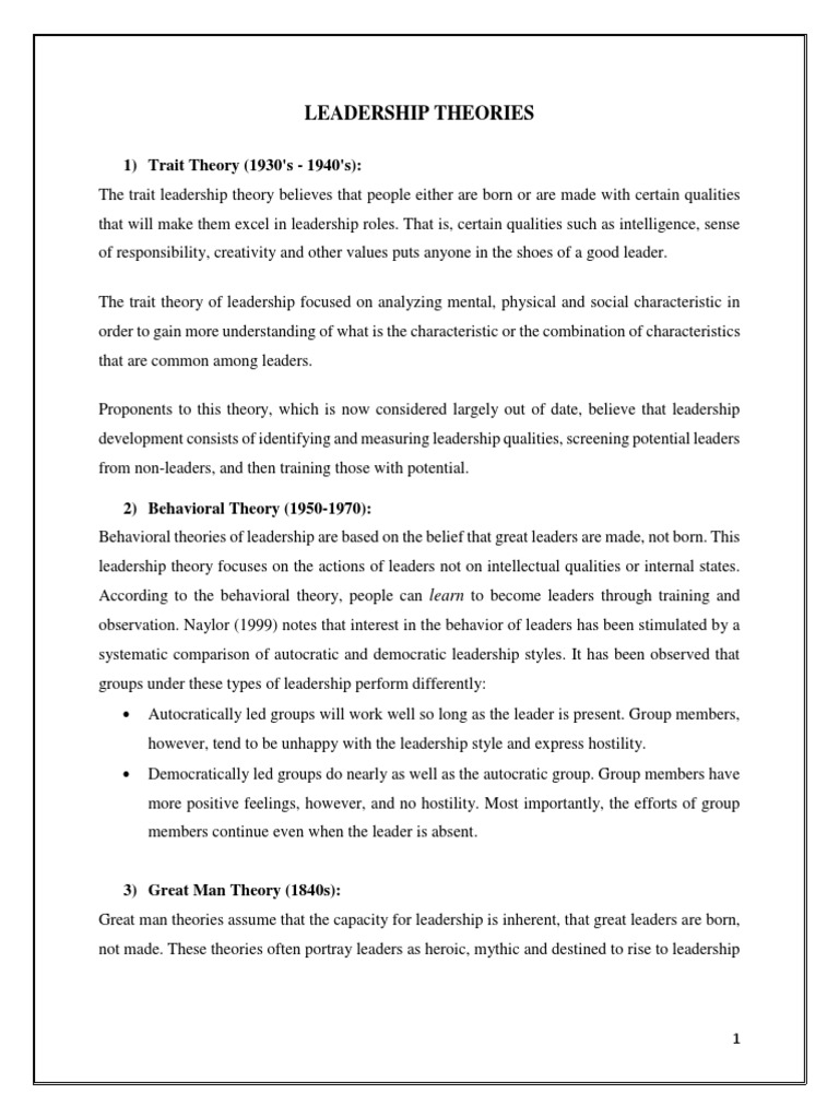 Overview of Leadership Theories | PDF | Servant Leadership | Leadership