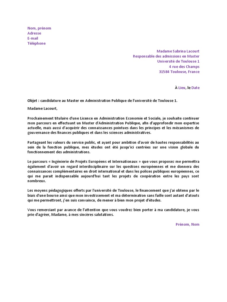 Lettre de Motivation Master Administration Publique | PDF