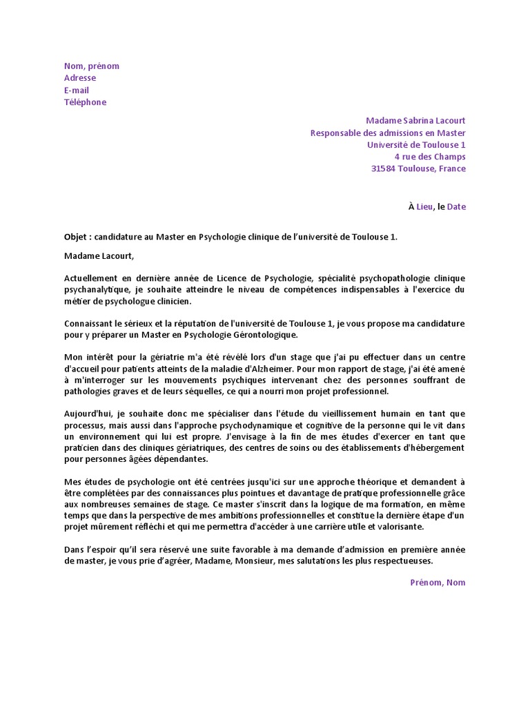 Lettre De Motivation Parcoursup Licence Psychologie Lettre de Motivation Master Psychologie | PDF | Gériatrie | Psychologie  clinique