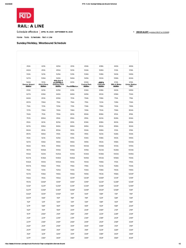 RTD A Line Sunday Holiday Westbound Schedule PDF Public Holiday