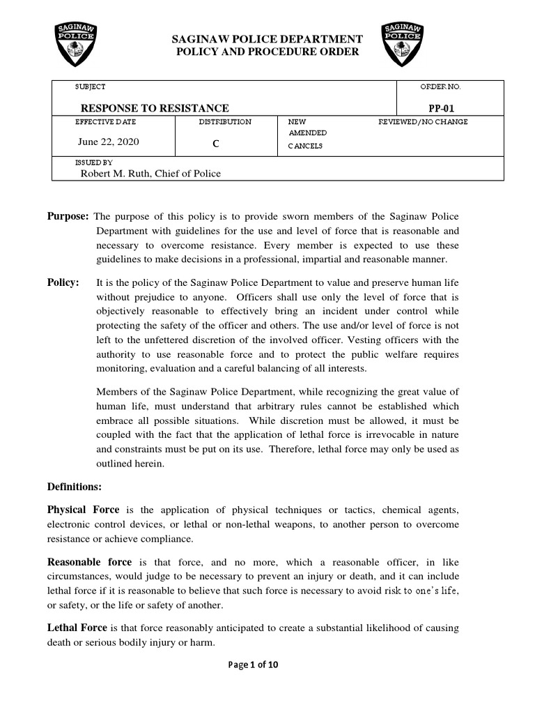 Saginaw Police Use of Force Guidelines | PDF | Deadly Force | Use Of Force