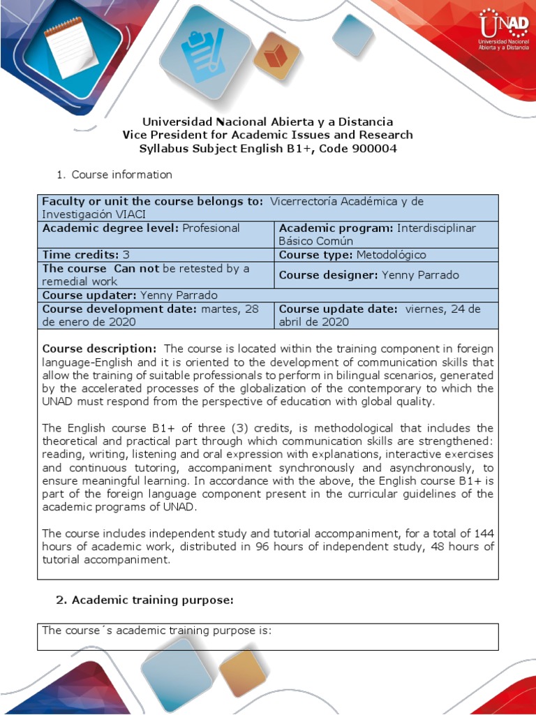 English B1+ Course Syllabus UNAD | PDF | Educational Assessment | Test ...