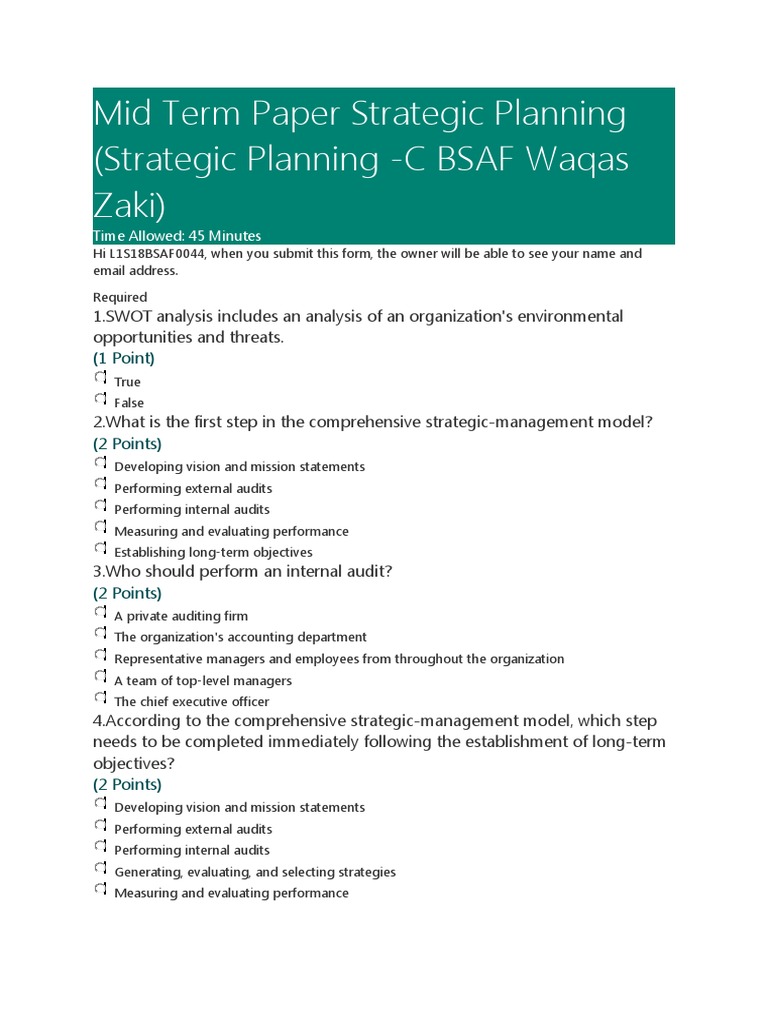 Strategic Planning Midterm Exam Questions | PDF | Strategic Management ...