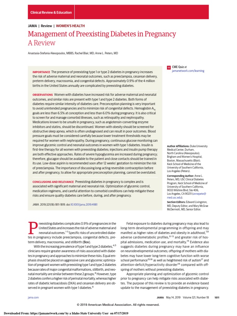 Management of Preexisting Diabetes in Pregnancy 2019 | PDF ...