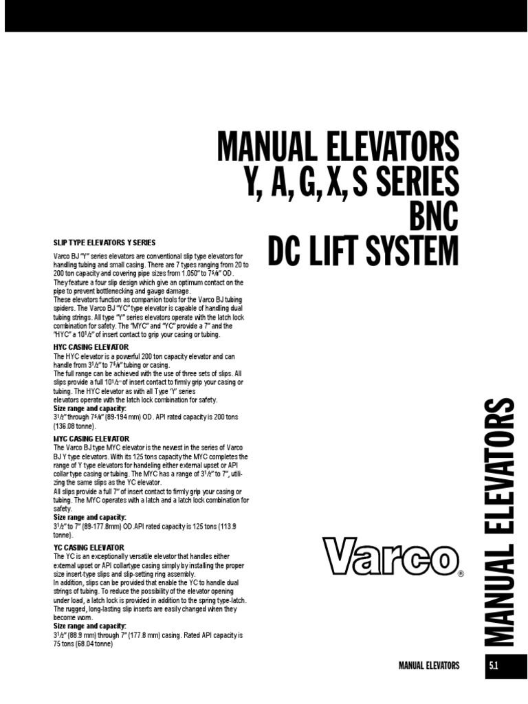 Manual Elevators Y, A, G, X, S Series BNC DC Lift System PDF Pipe