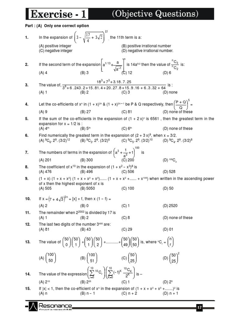 Binomial Theorem Practice Problems | PDF | Numerical Analysis | Complex ...