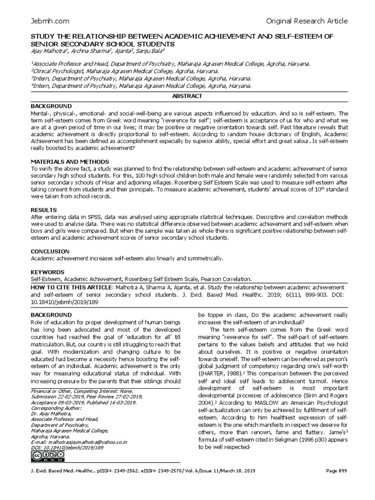 Self-Esteem and Academic Achievement Correlation | PDF | Self Esteem ...