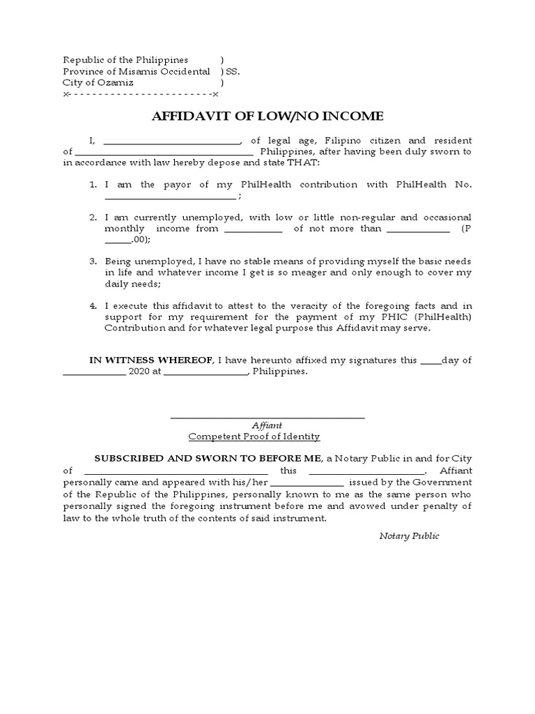 Affidavit of Low/No Income Philippines | PDF